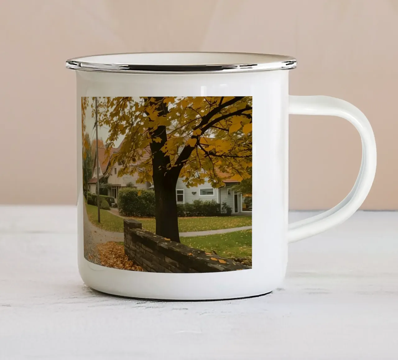 Cobblestone Path Lined with Autumn Trees and Houses enamel mug by DesignDoodle