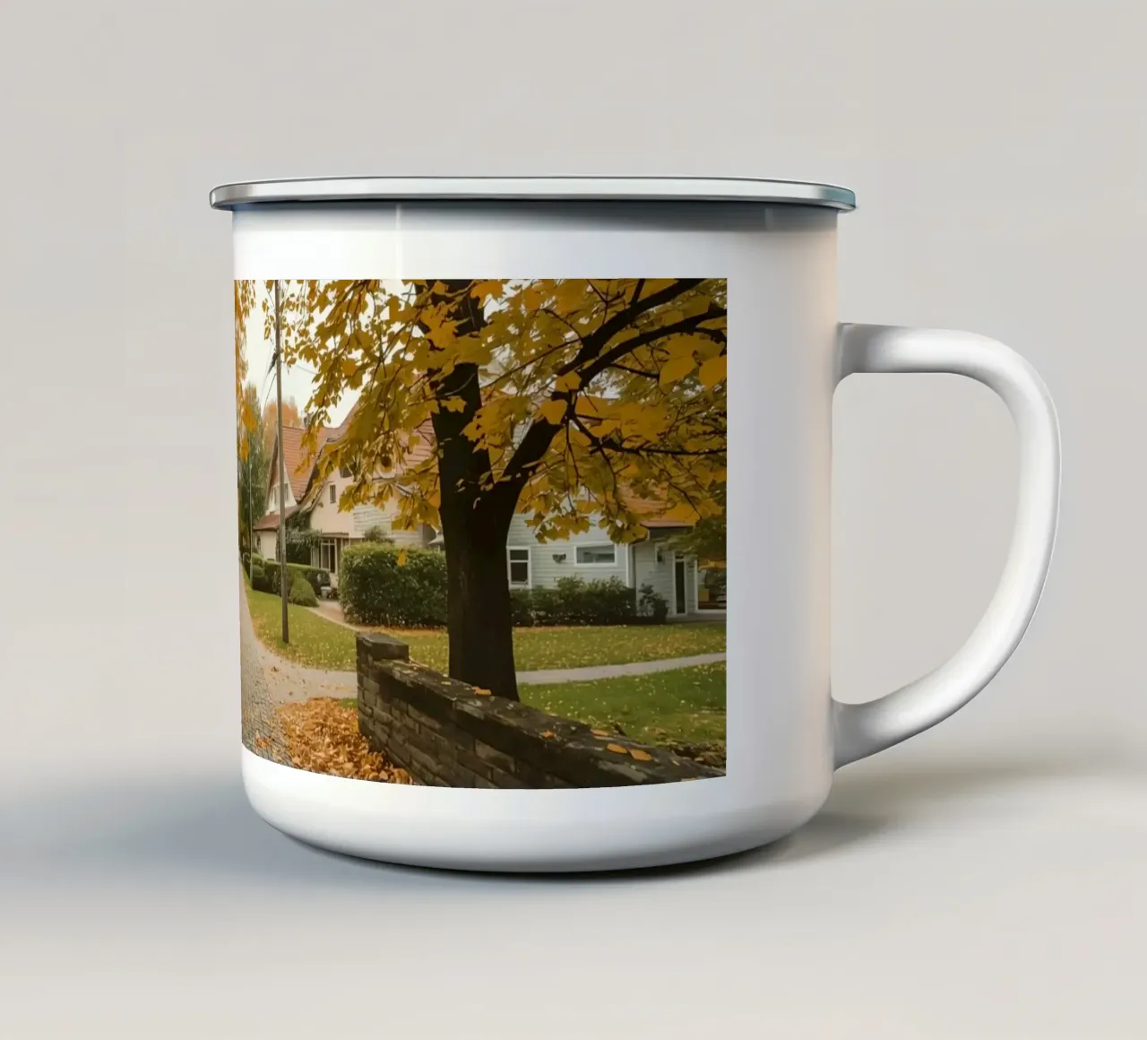 Cobblestone Path Lined with Autumn Trees and Houses enamel mug by DesignDoodle