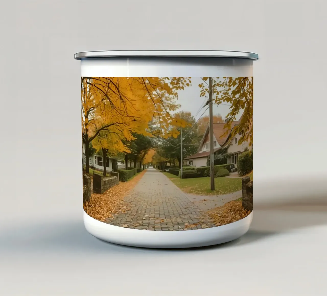 Cobblestone Path Lined with Autumn Trees and Houses enamel mug by DesignDoodle