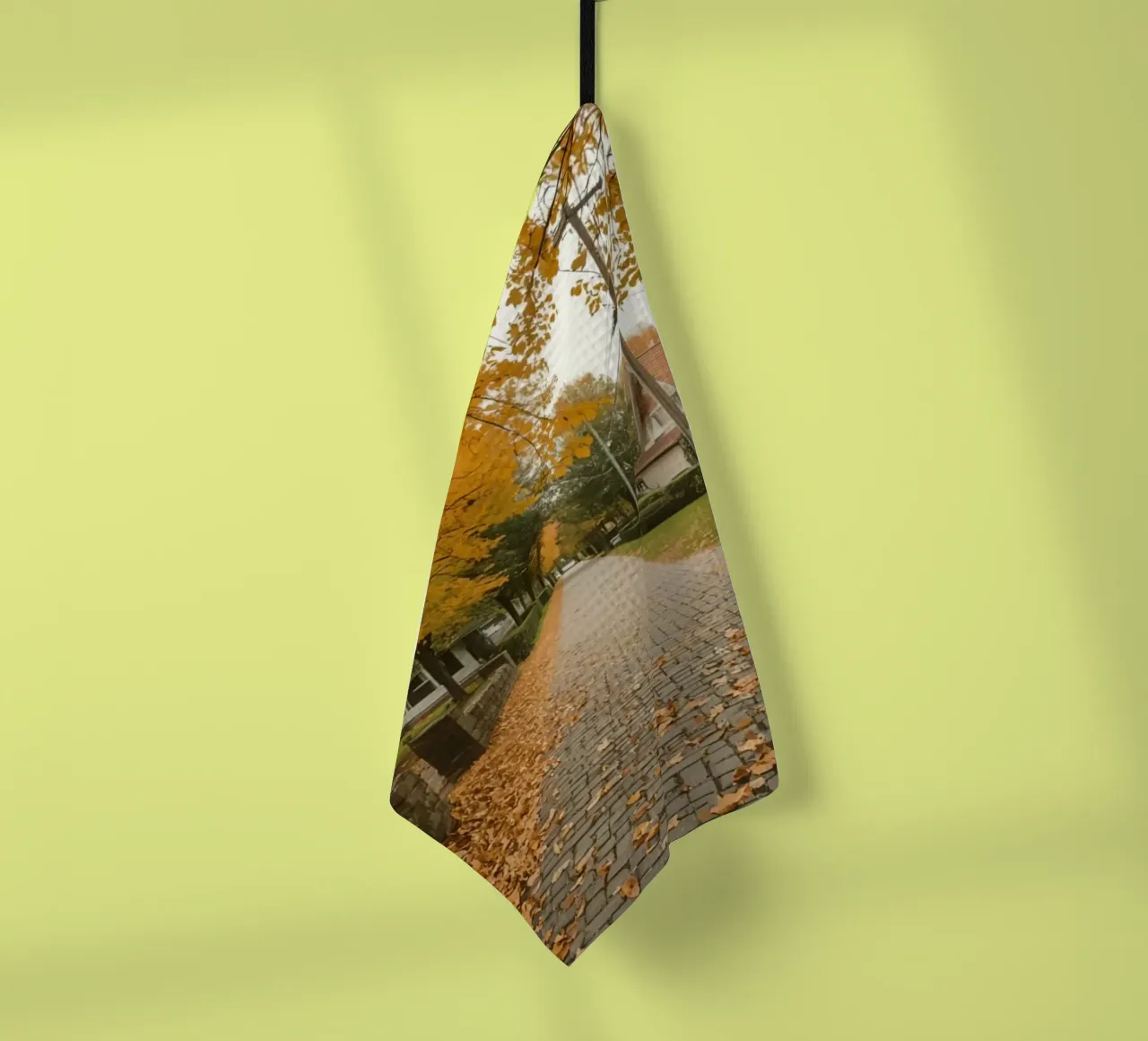 Cobblestone Path Lined with Autumn Trees and Houses tea towel by DesignDoodle