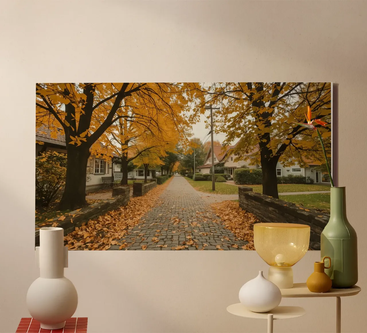 Cobblestone Path Lined with Autumn Trees and Houses canvas by DesignDoodle