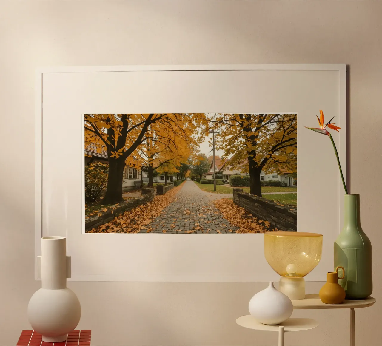 Cobblestone Path Lined with Autumn Trees and Houses hahnemühle by DesignDoodle