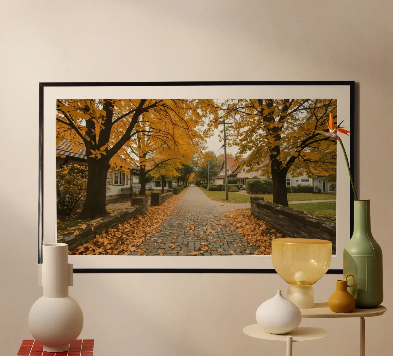 Cobblestone Path Lined with Autumn Trees and Houses hahnemühle by DesignDoodle