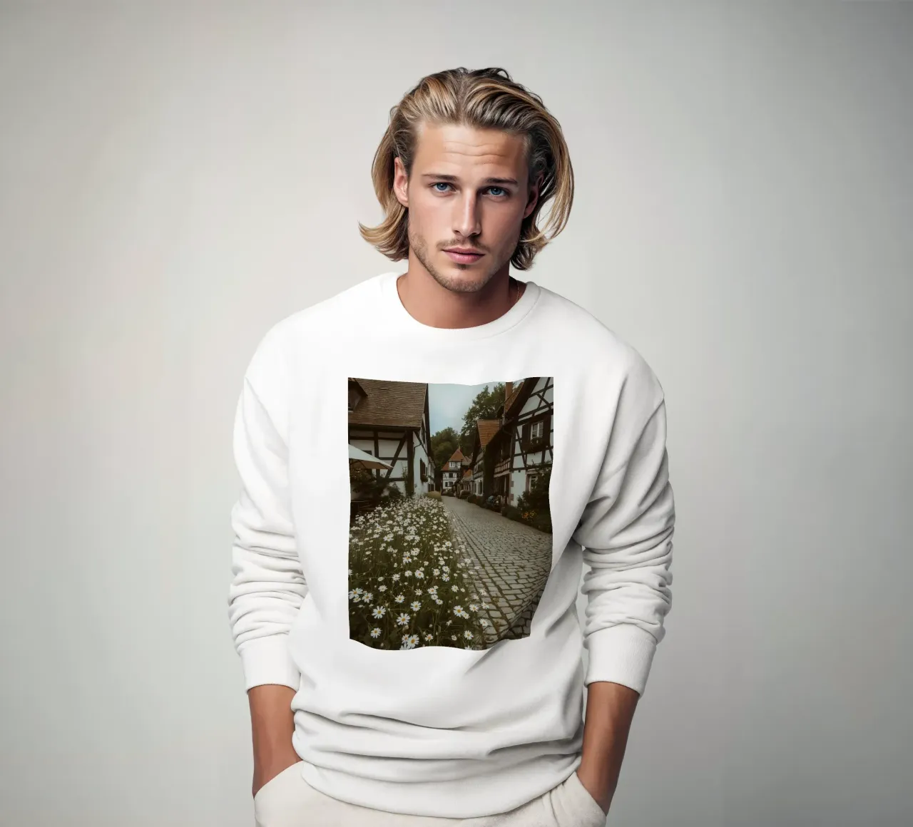 Cobblestone Path Lined with Autumn Trees and Houses sweatshirt by DesignDoodle