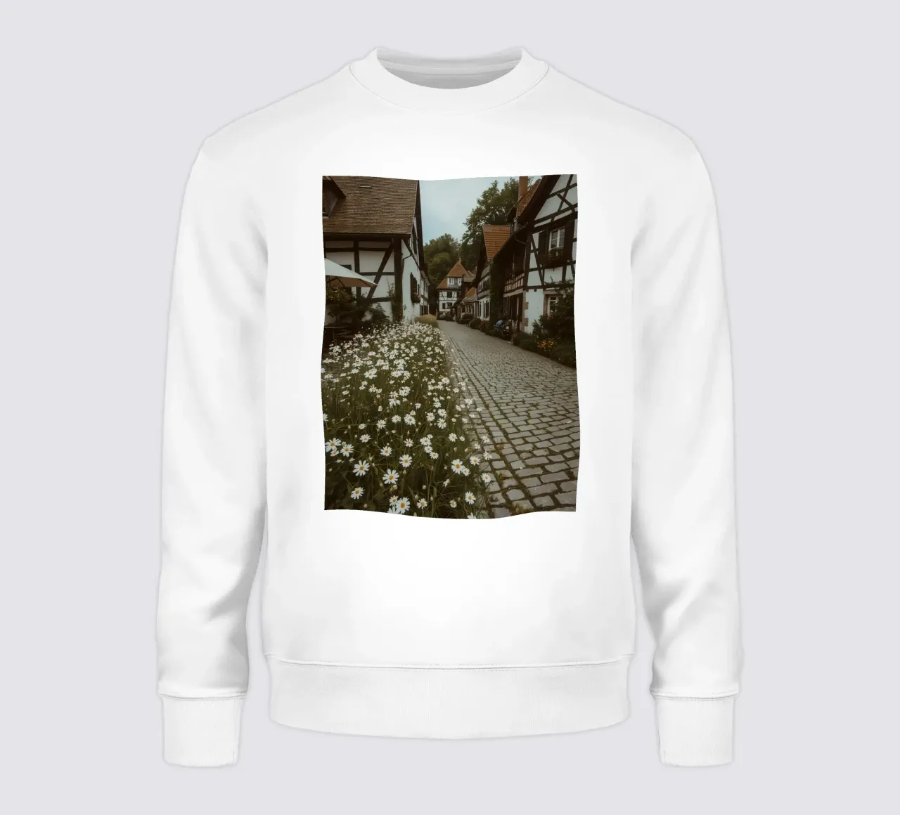 Cobblestone Path Lined with Autumn Trees and Houses sweatshirt by DesignDoodle
