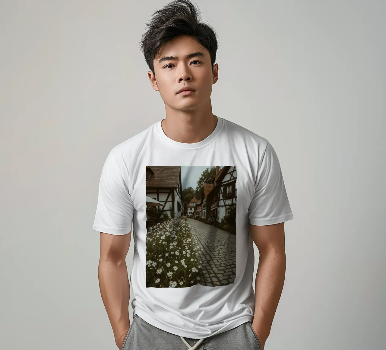 Cobblestone Path Lined with Autumn Trees and Houses t-shirt by DesignDoodle