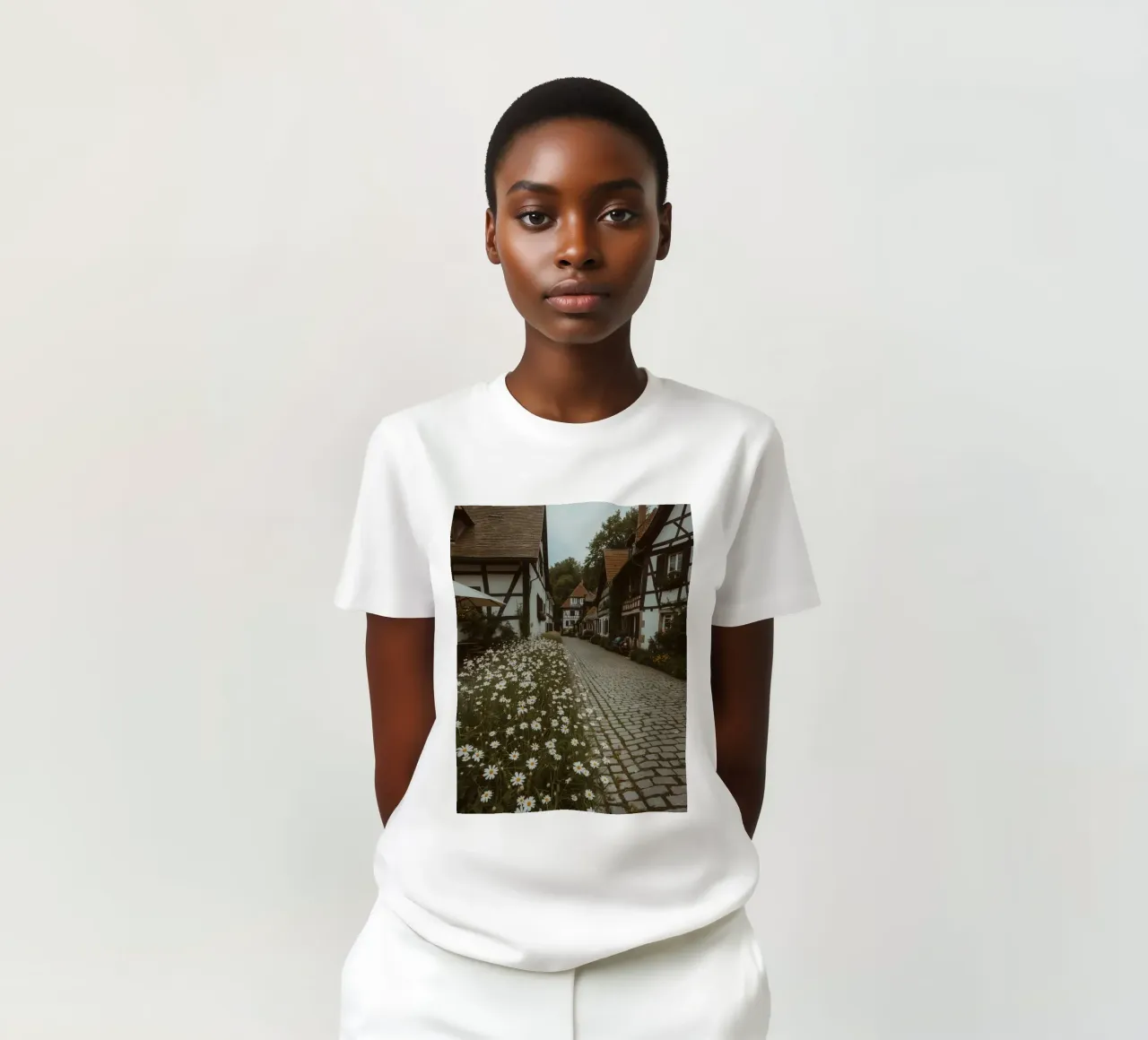 Cobblestone Path Lined with Autumn Trees and Houses t-shirt by DesignDoodle