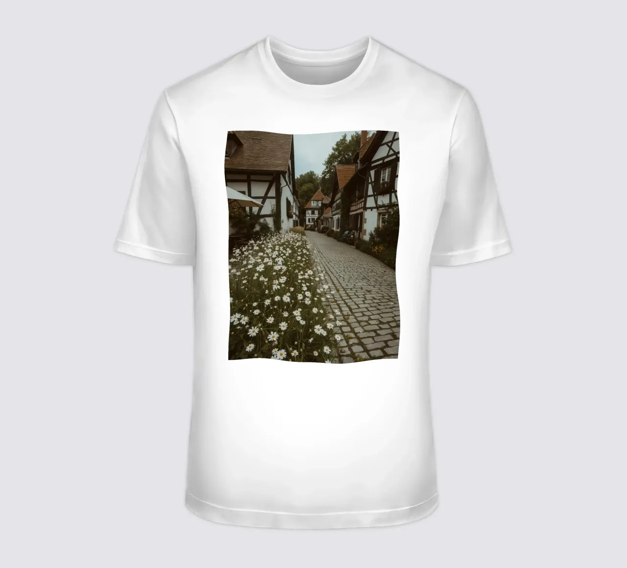 Cobblestone Path Lined with Autumn Trees and Houses t-shirt by DesignDoodle