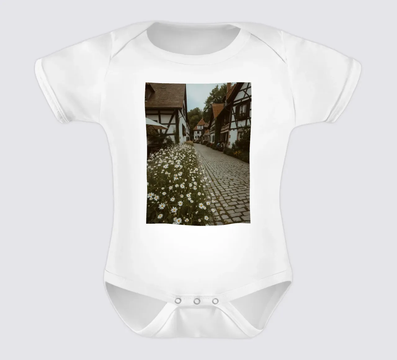 Cobblestone Path Lined with Autumn Trees and Houses short-sleeve baby romper by DesignDoodle