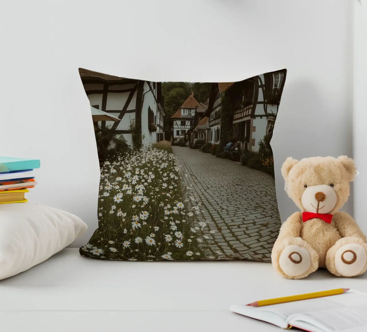 Cobblestone Path Lined with Autumn Trees and Houses decorative cushion by DesignDoodle