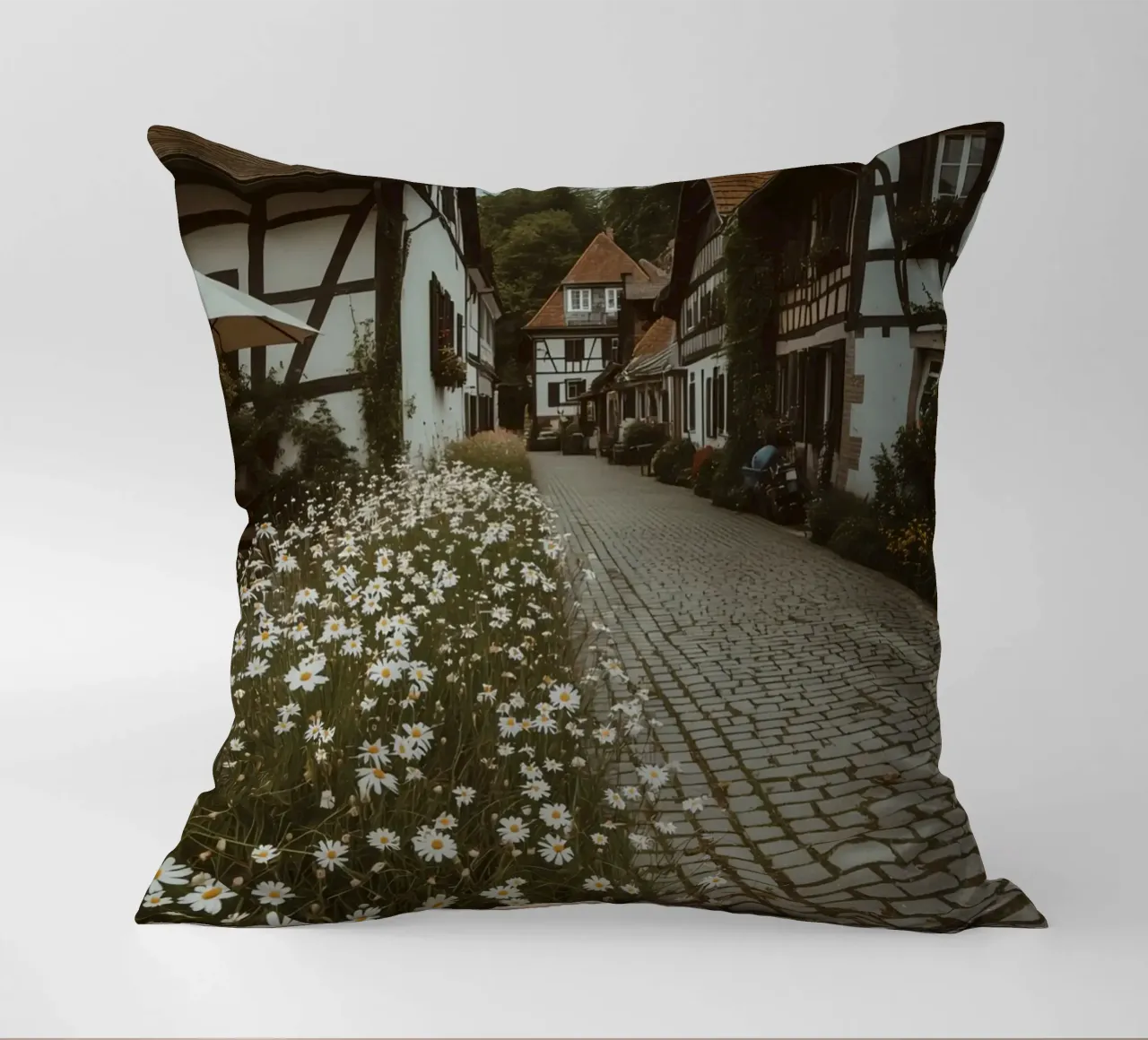 Cobblestone Path Lined with Autumn Trees and Houses decorative cushion by DesignDoodle