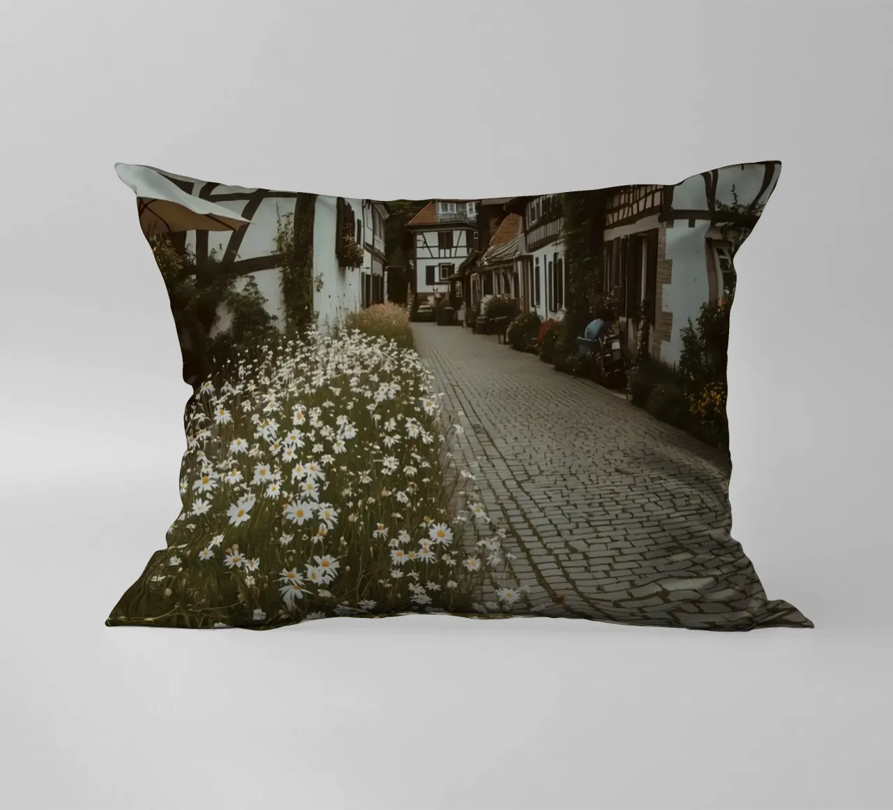 Cobblestone Path Lined with Autumn Trees and Houses decorative cushion by DesignDoodle