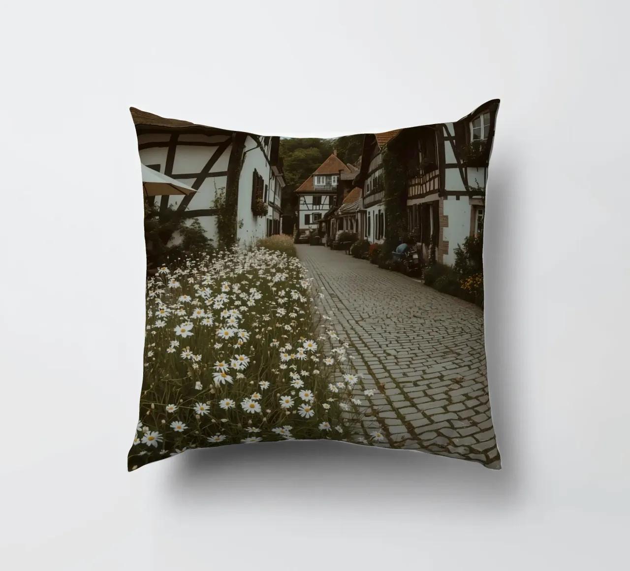 Cobblestone Path Lined with Autumn Trees and Houses decorative cushion by DesignDoodle