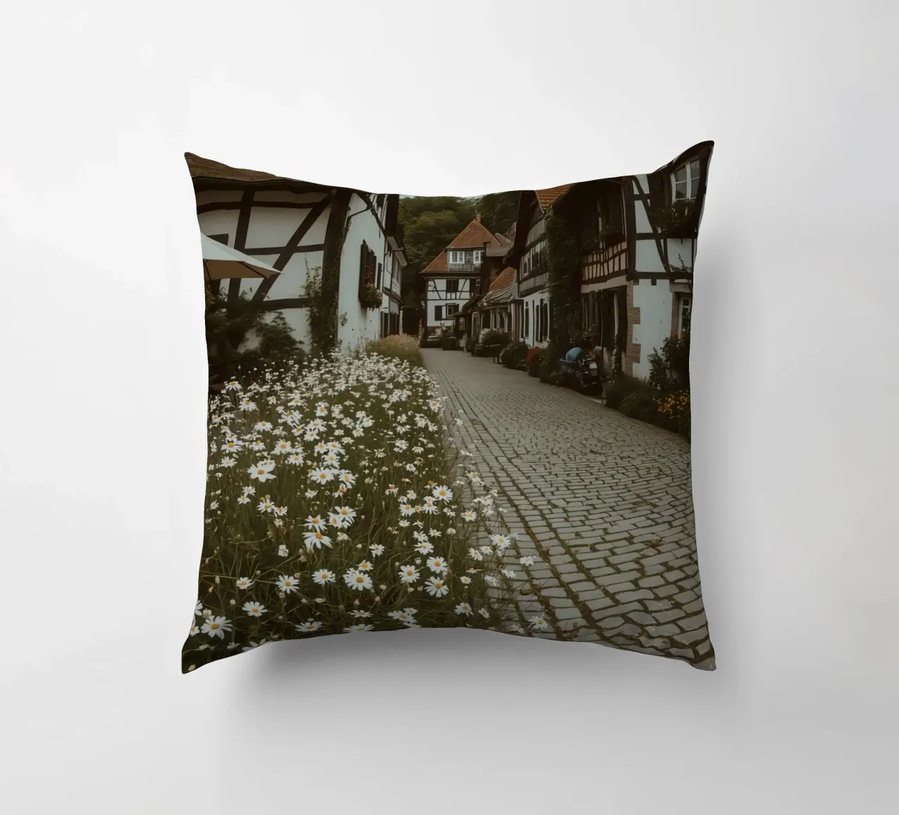 Cobblestone Path Lined with Autumn Trees and Houses decorative cushion by DesignDoodle