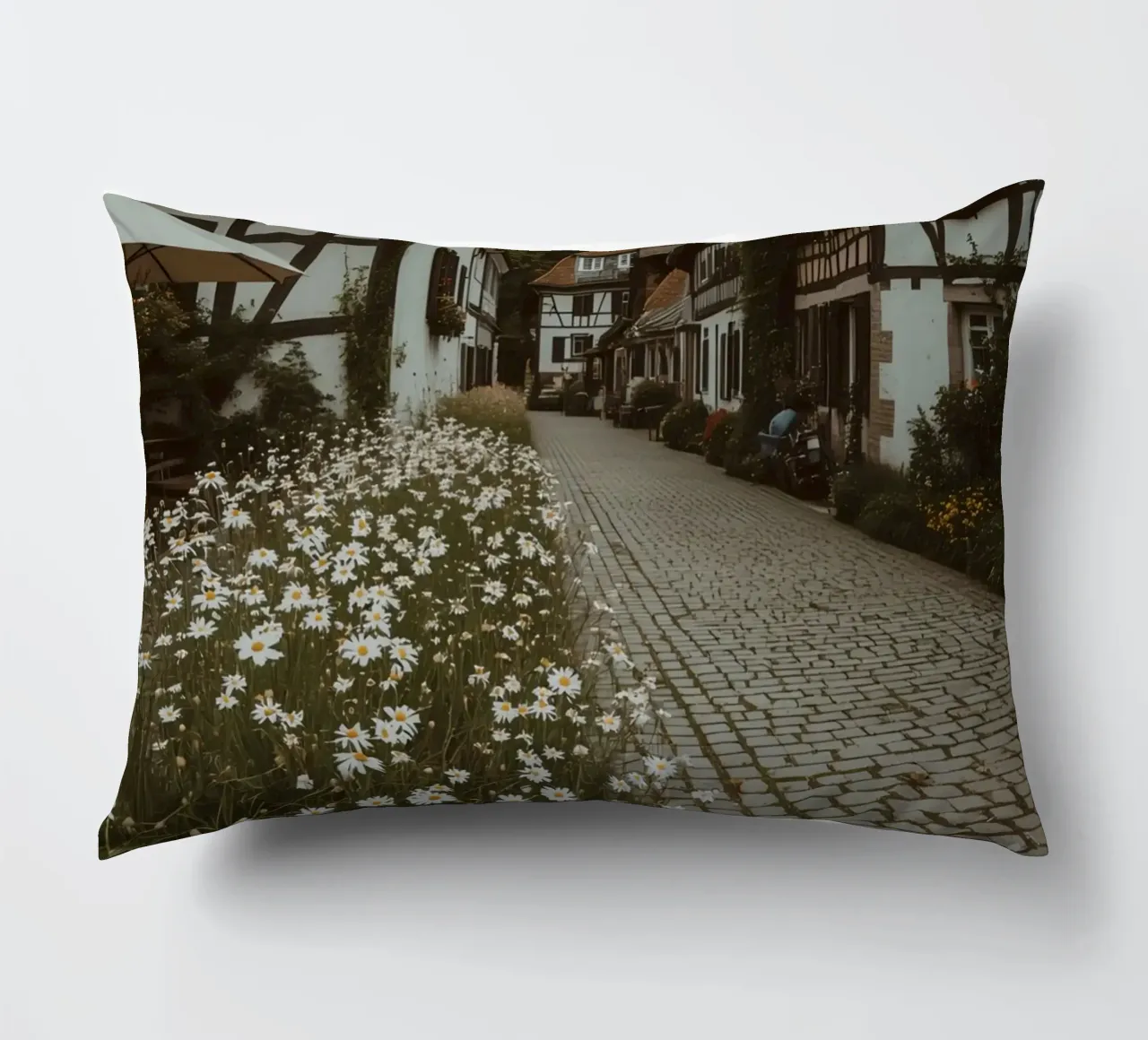 Cobblestone Path Lined with Autumn Trees and Houses decorative cushion by DesignDoodle