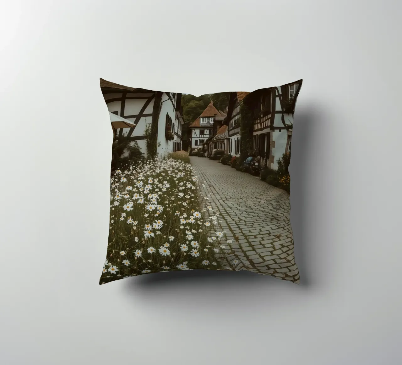 Cobblestone Path Lined with Autumn Trees and Houses decorative cushion by DesignDoodle