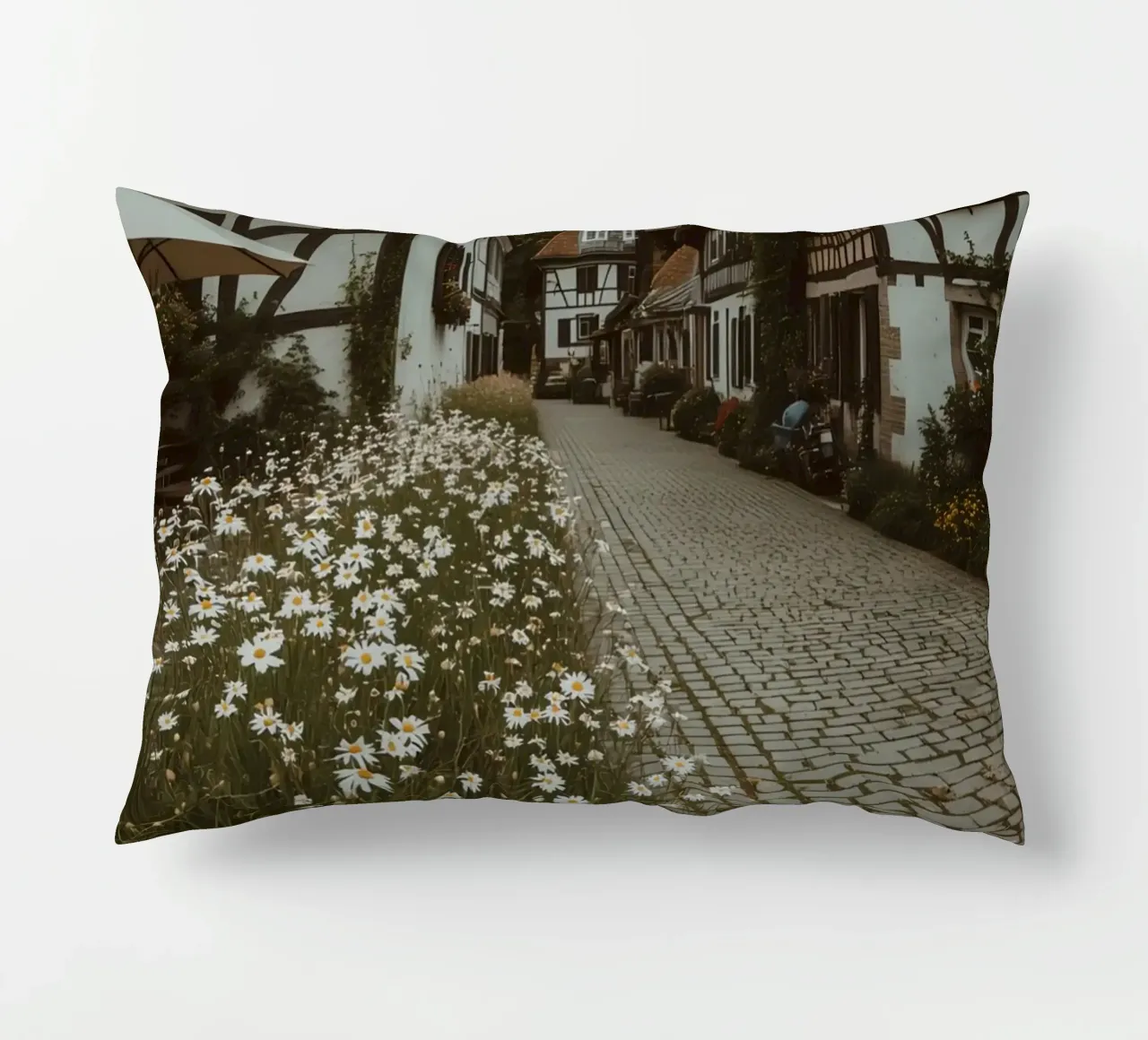 Cobblestone Path Lined with Autumn Trees and Houses decorative cushion by DesignDoodle