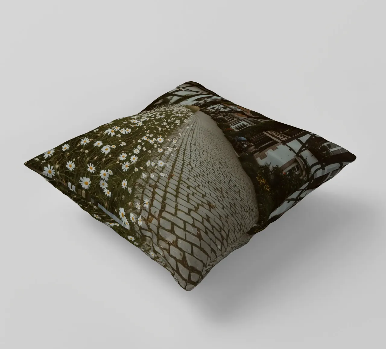 Cobblestone Path Lined with Autumn Trees and Houses decorative cushion by DesignDoodle