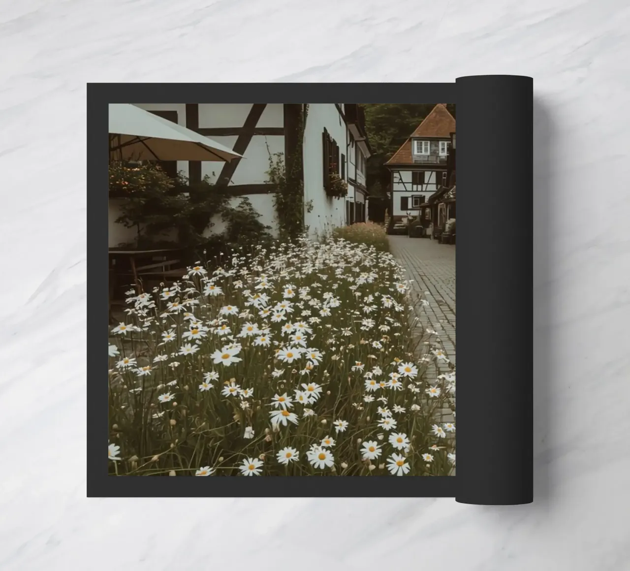 Cobblestone Path Lined with Autumn Trees and Houses doormat by DesignDoodle