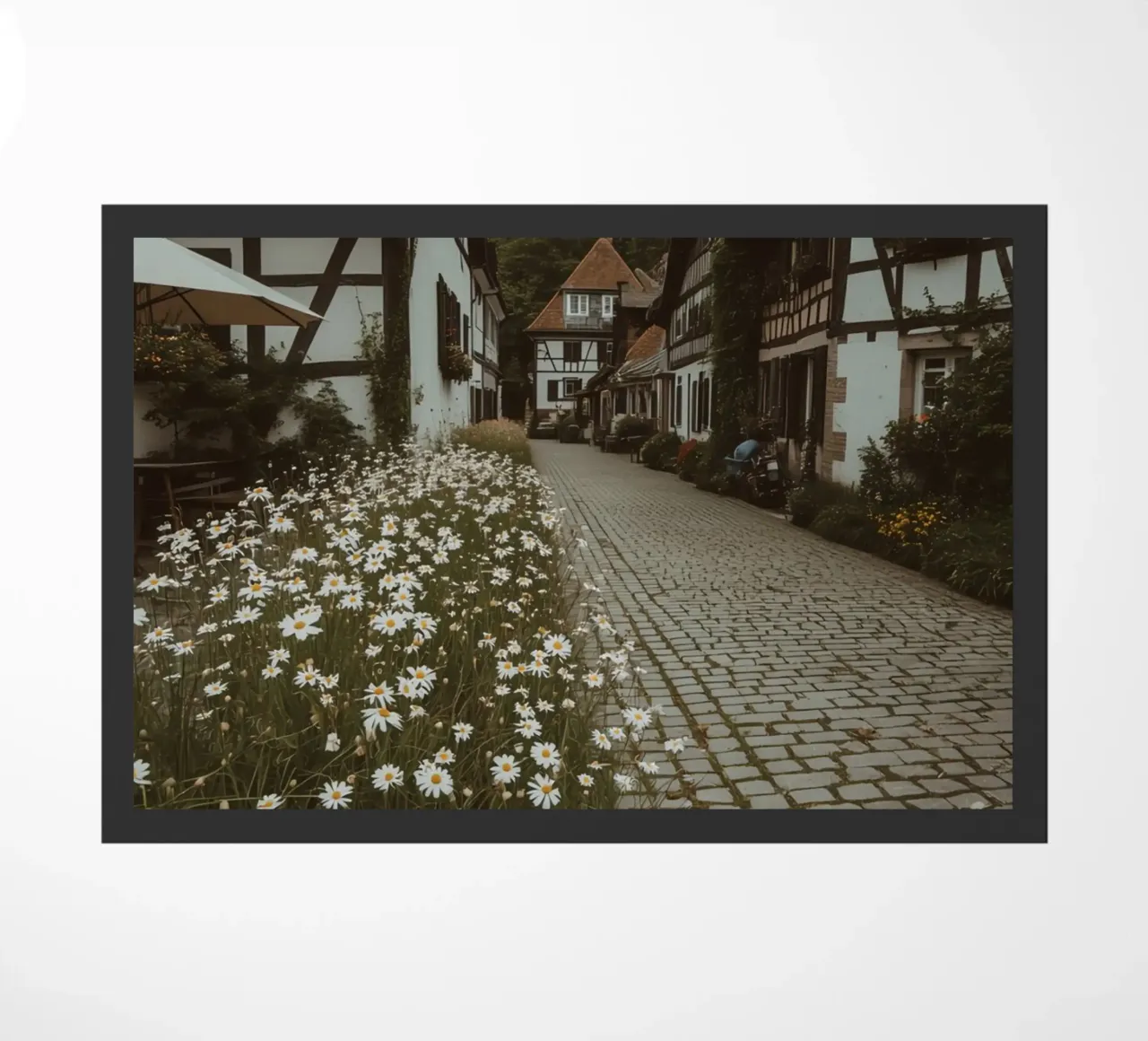 Cobblestone Path Lined with Autumn Trees and Houses doormat by DesignDoodle