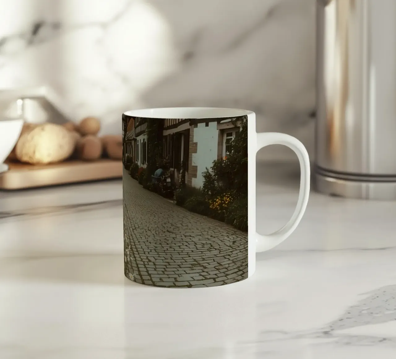 Cobblestone Path Lined with Autumn Trees and Houses ceramic mug by DesignDoodle