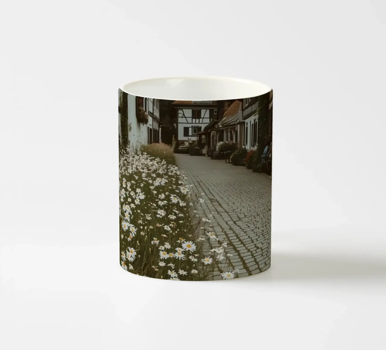 Cobblestone Path Lined with Autumn Trees and Houses ceramic mug by DesignDoodle