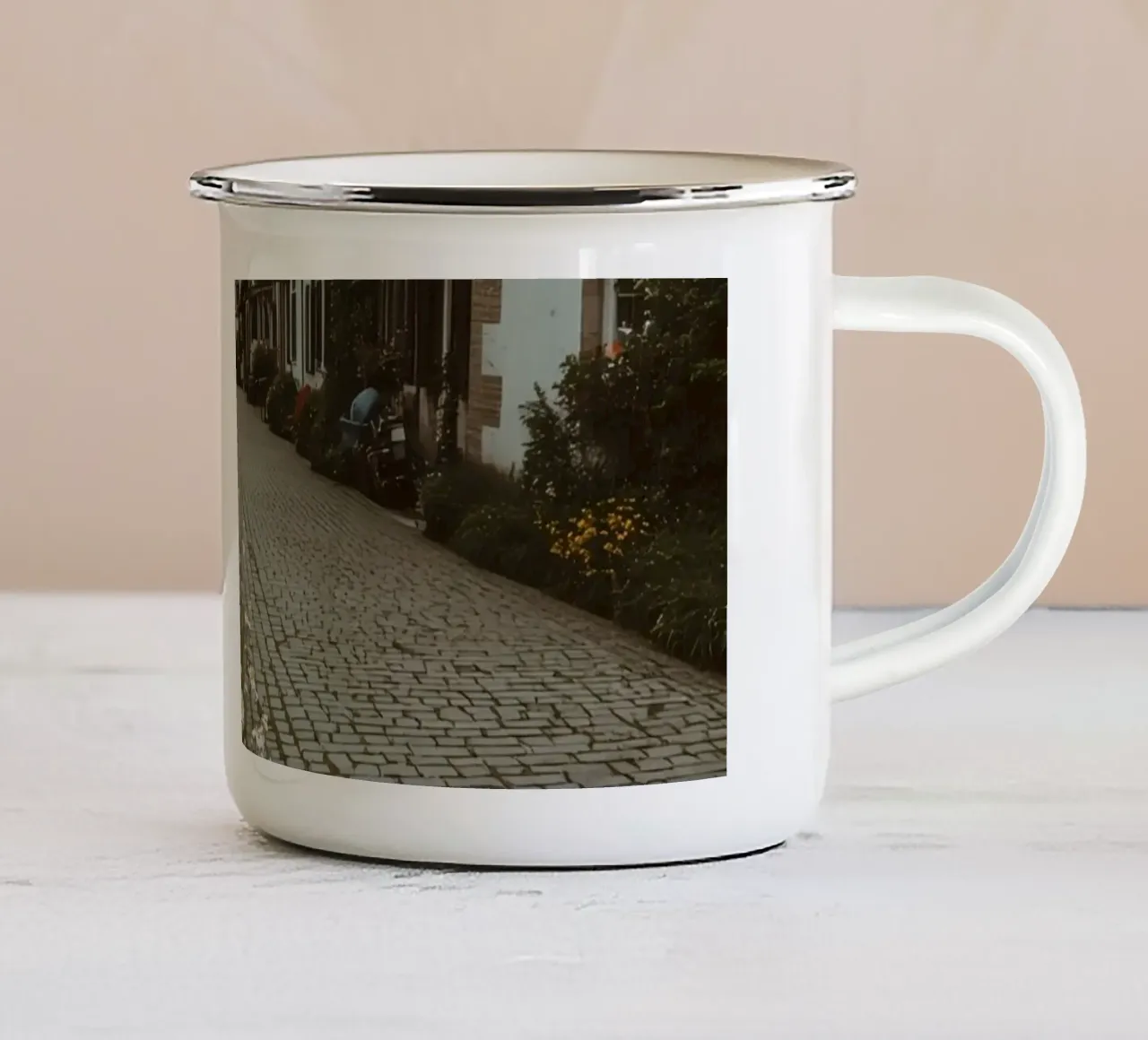 Cobblestone Path Lined with Autumn Trees and Houses enamel mug by DesignDoodle