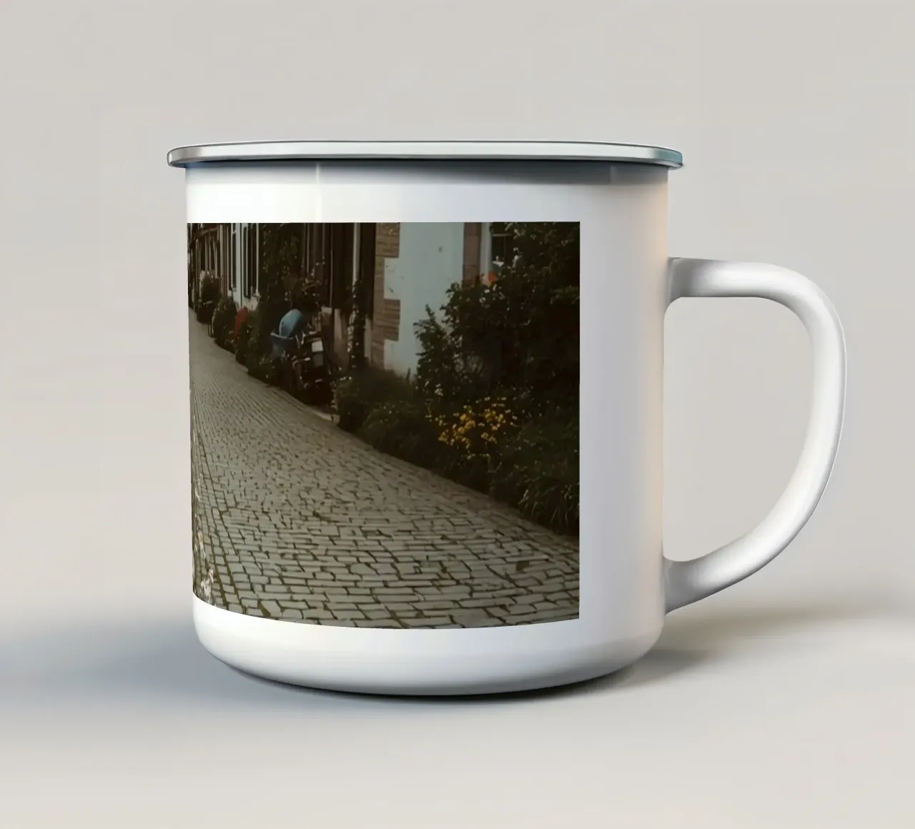 Cobblestone Path Lined with Autumn Trees and Houses enamel mug by DesignDoodle