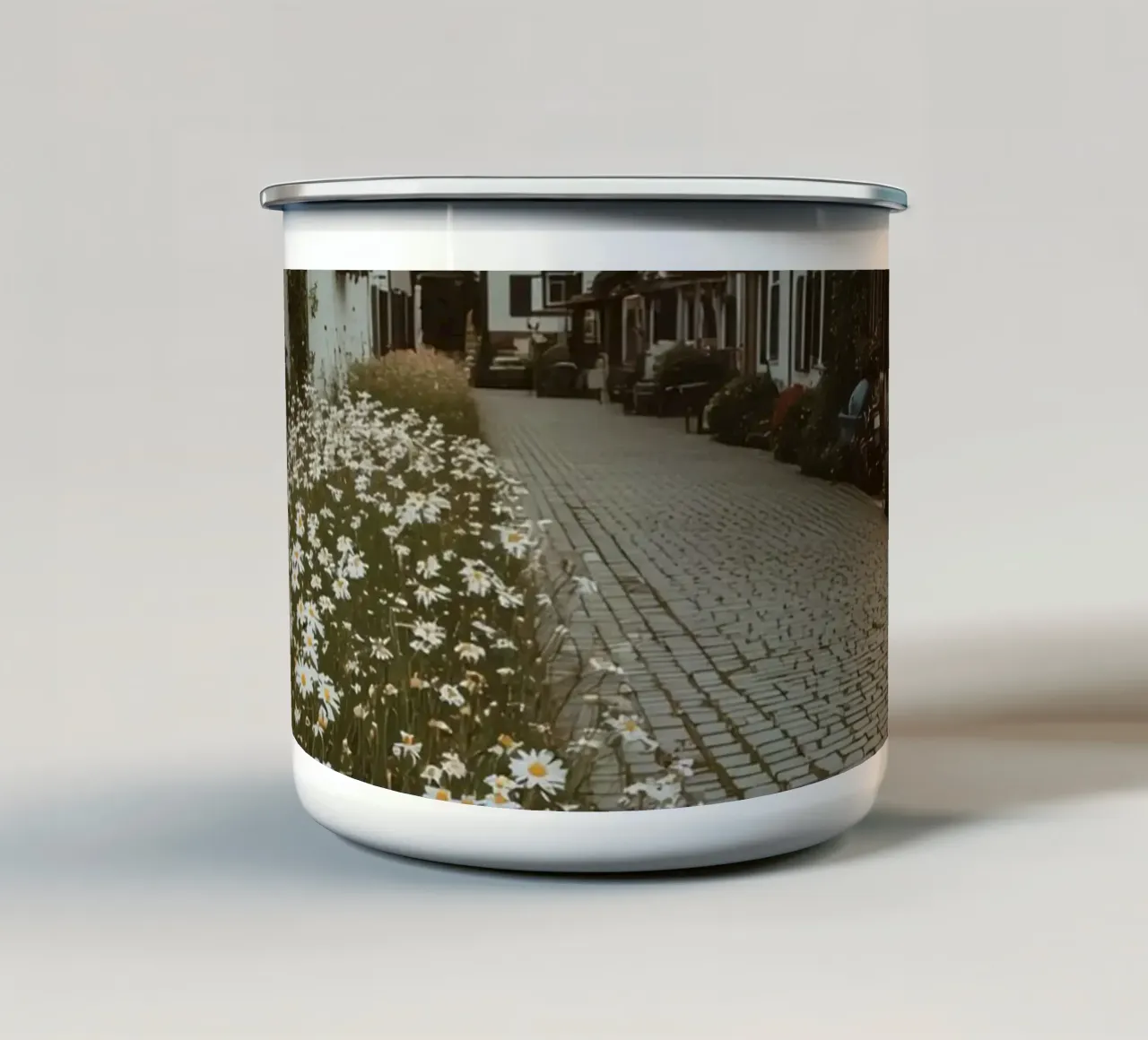 Cobblestone Path Lined with Autumn Trees and Houses enamel mug by DesignDoodle
