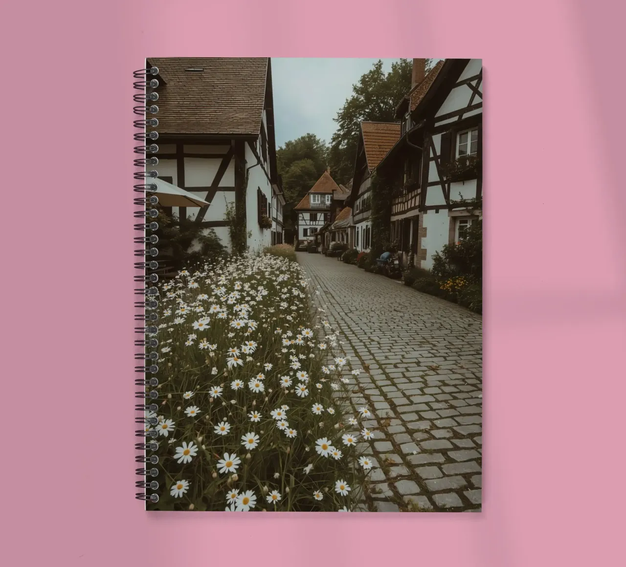 Cobblestone Path Lined with Autumn Trees and Houses spiral notebook by DesignDoodle
