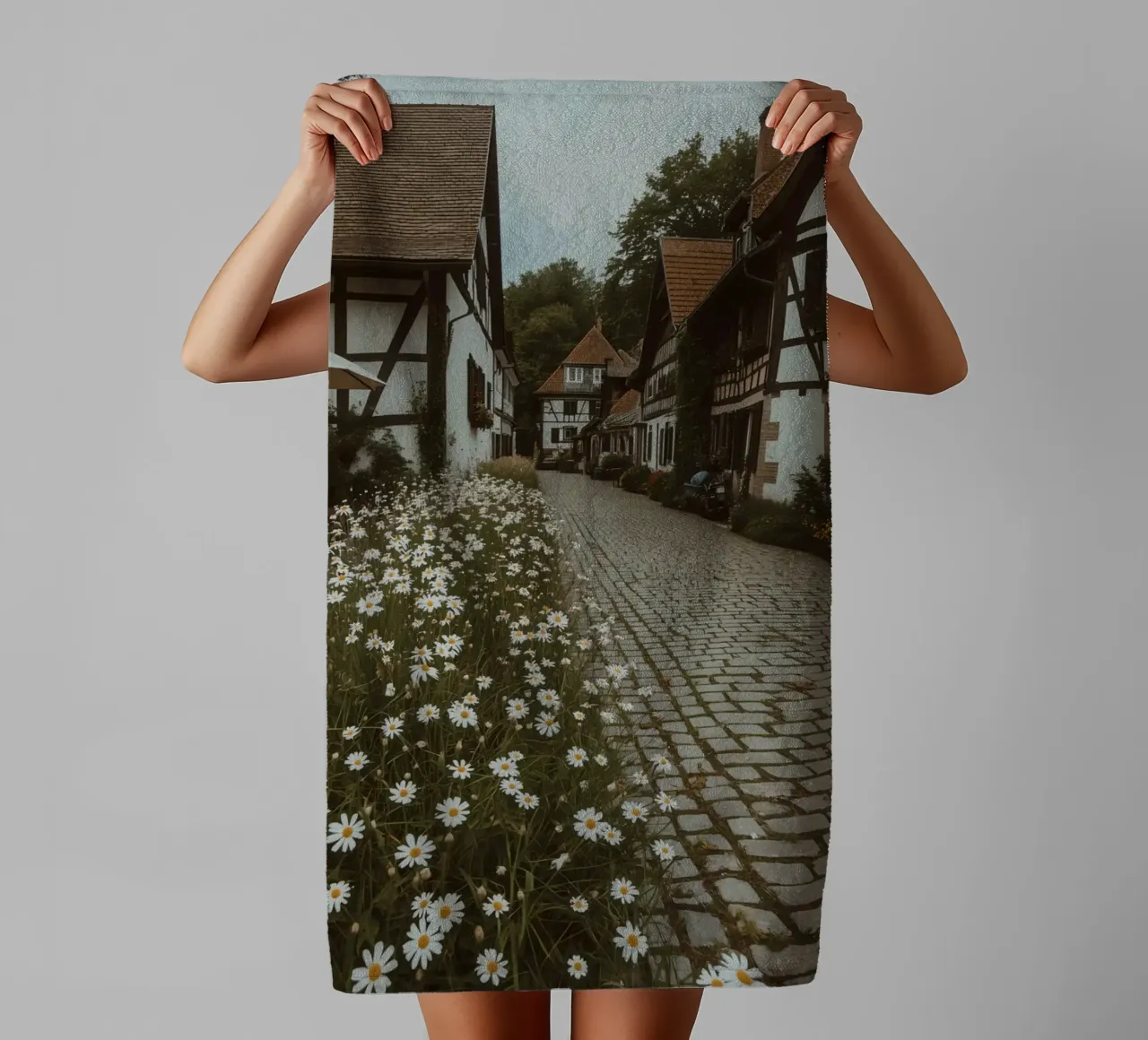 Cobblestone Path Lined with Autumn Trees and Houses towel by DesignDoodle