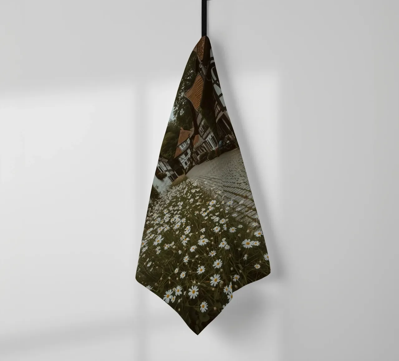 Cobblestone Path Lined with Autumn Trees and Houses tea towel by DesignDoodle