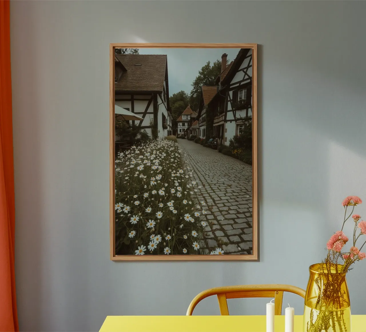 Cobblestone Path Lined with Autumn Trees and Houses alu-dibond by DesignDoodle