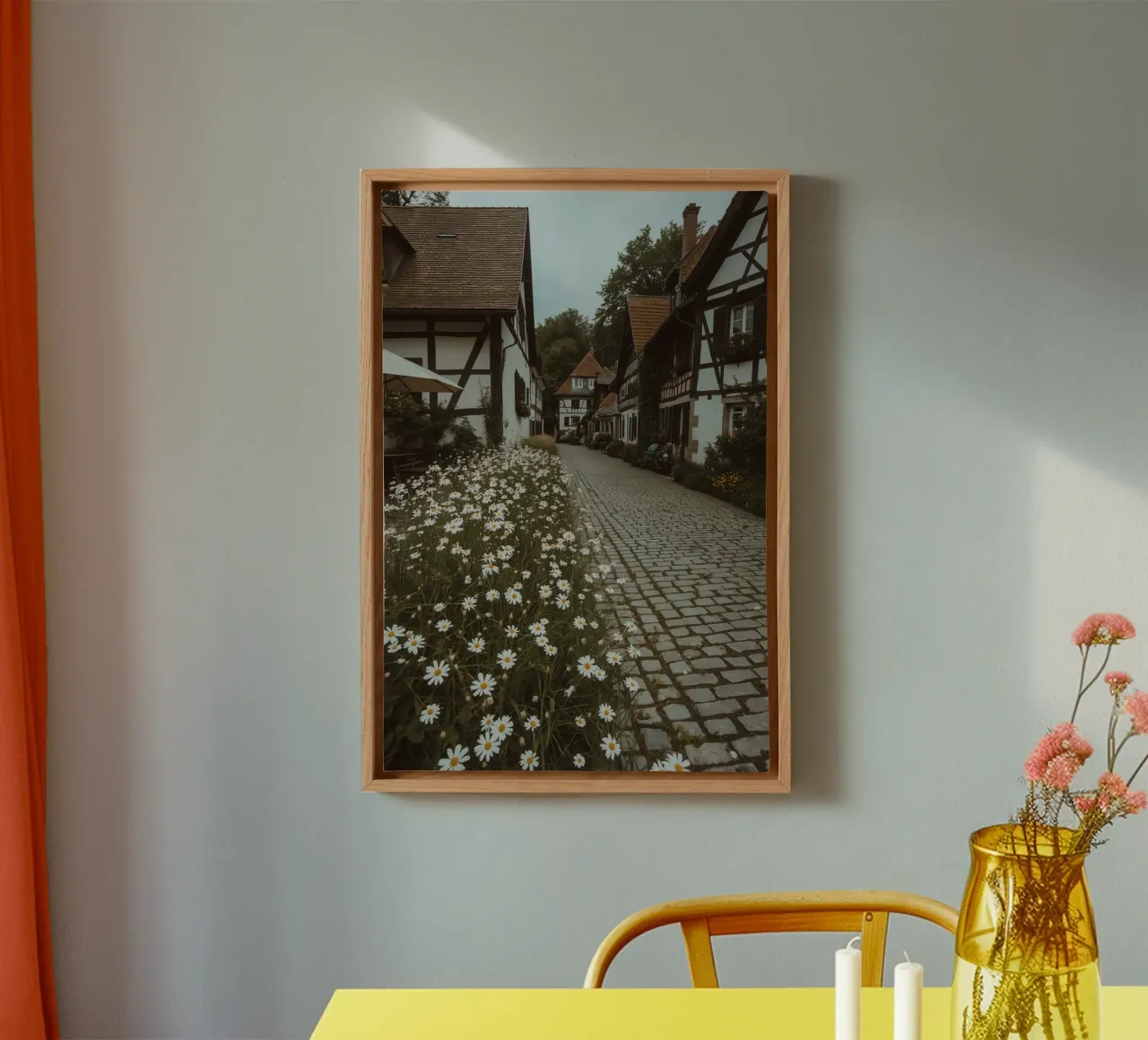 Cobblestone Path Lined with Autumn Trees and Houses canvas by DesignDoodle