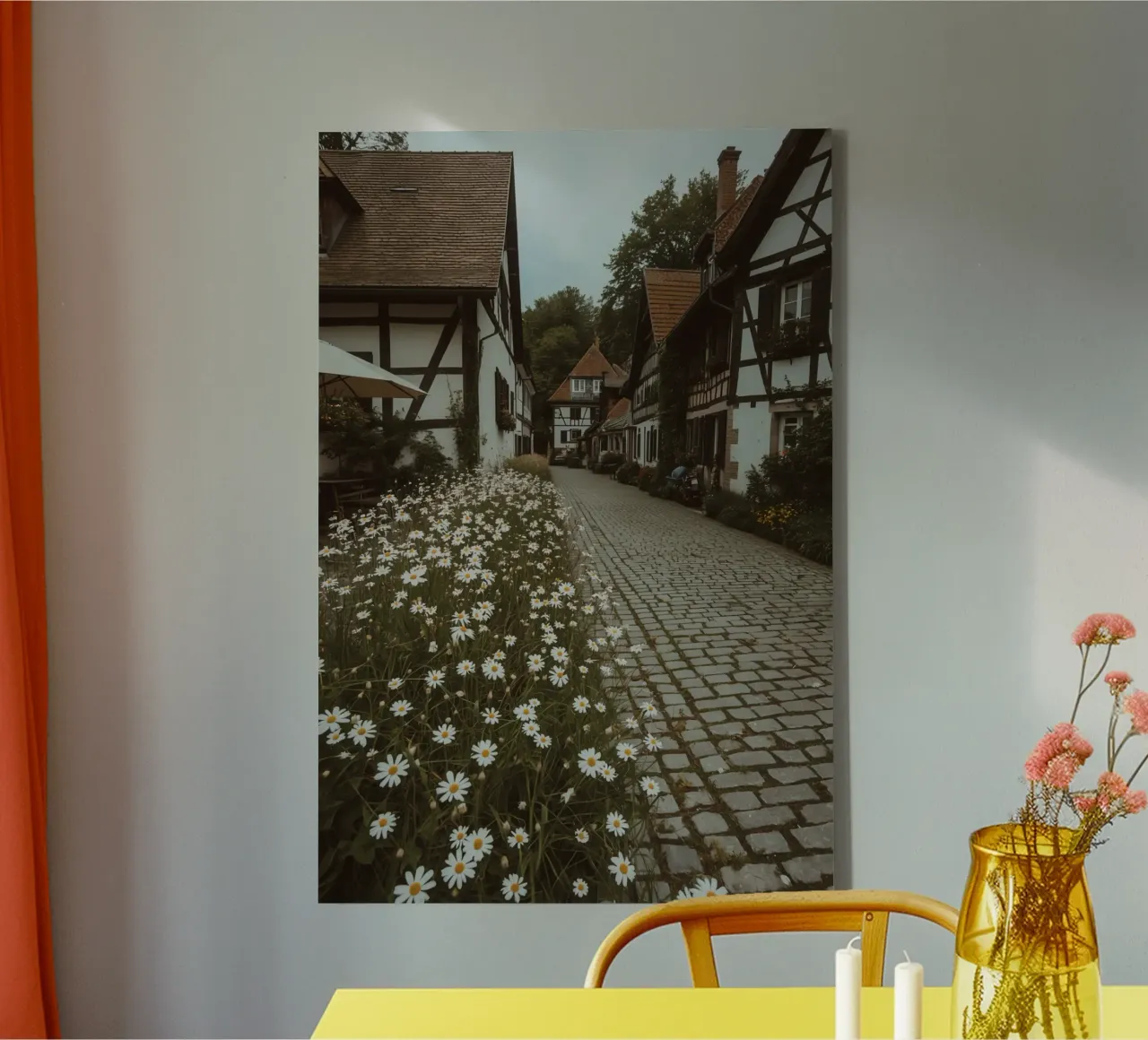 Cobblestone Path Lined with Autumn Trees and Houses canvas by DesignDoodle