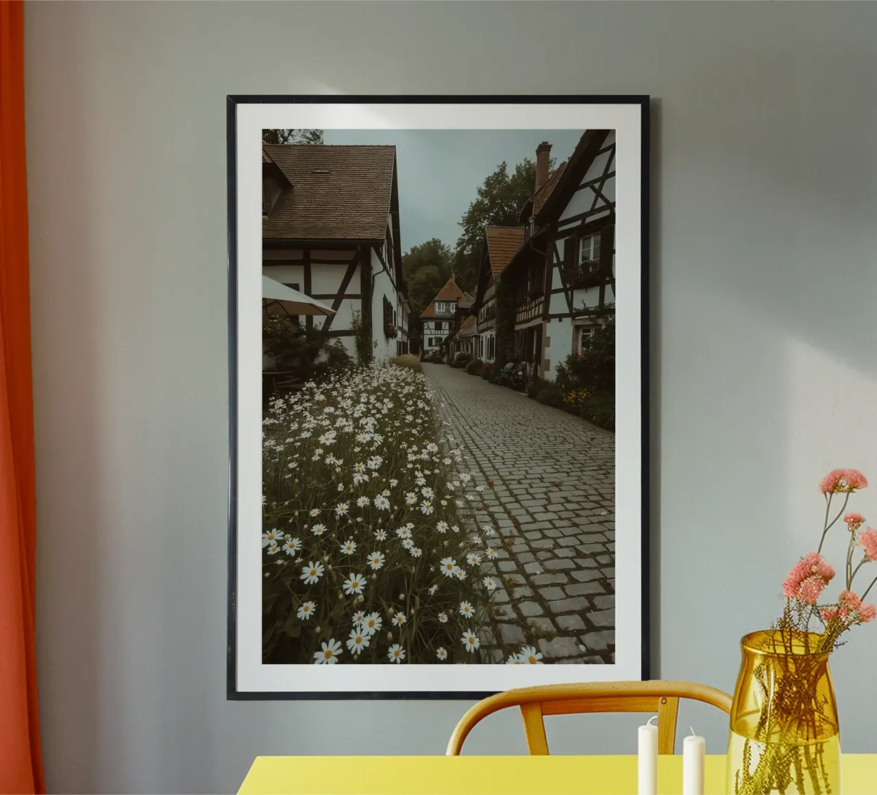 Cobblestone Path Lined with Autumn Trees and Houses hahnemühle by DesignDoodle
