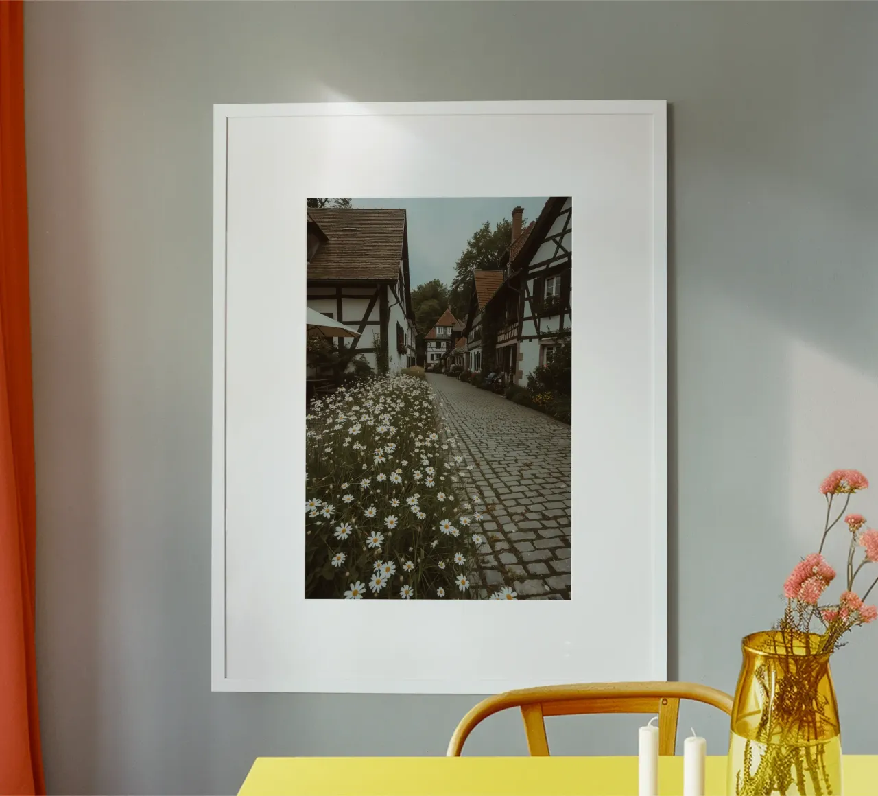 Cobblestone Path Lined with Autumn Trees and Houses hahnemühle by DesignDoodle