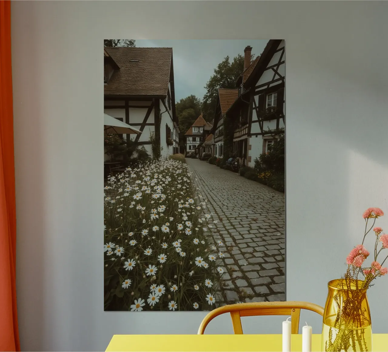Cobblestone Path Lined with Autumn Trees and Houses hahnemühle by DesignDoodle