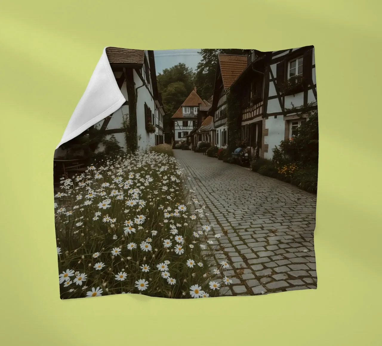 Cobblestone Path Lined with Autumn Trees and Houses fleece blanket by DesignDoodle