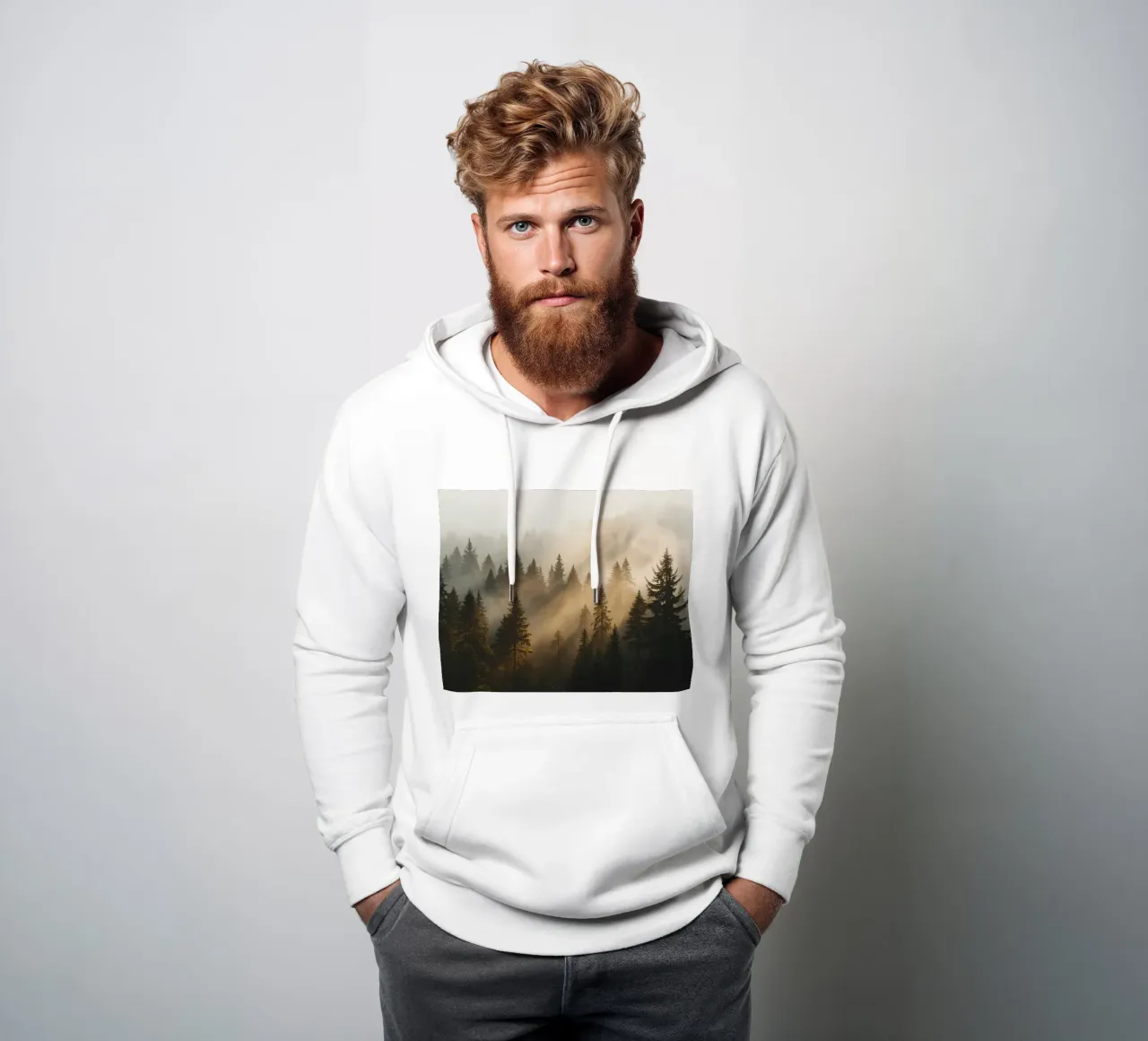 Foresta di conifere nella nebbia con raggi di sole felpa con cappuccio da DesignDoodle