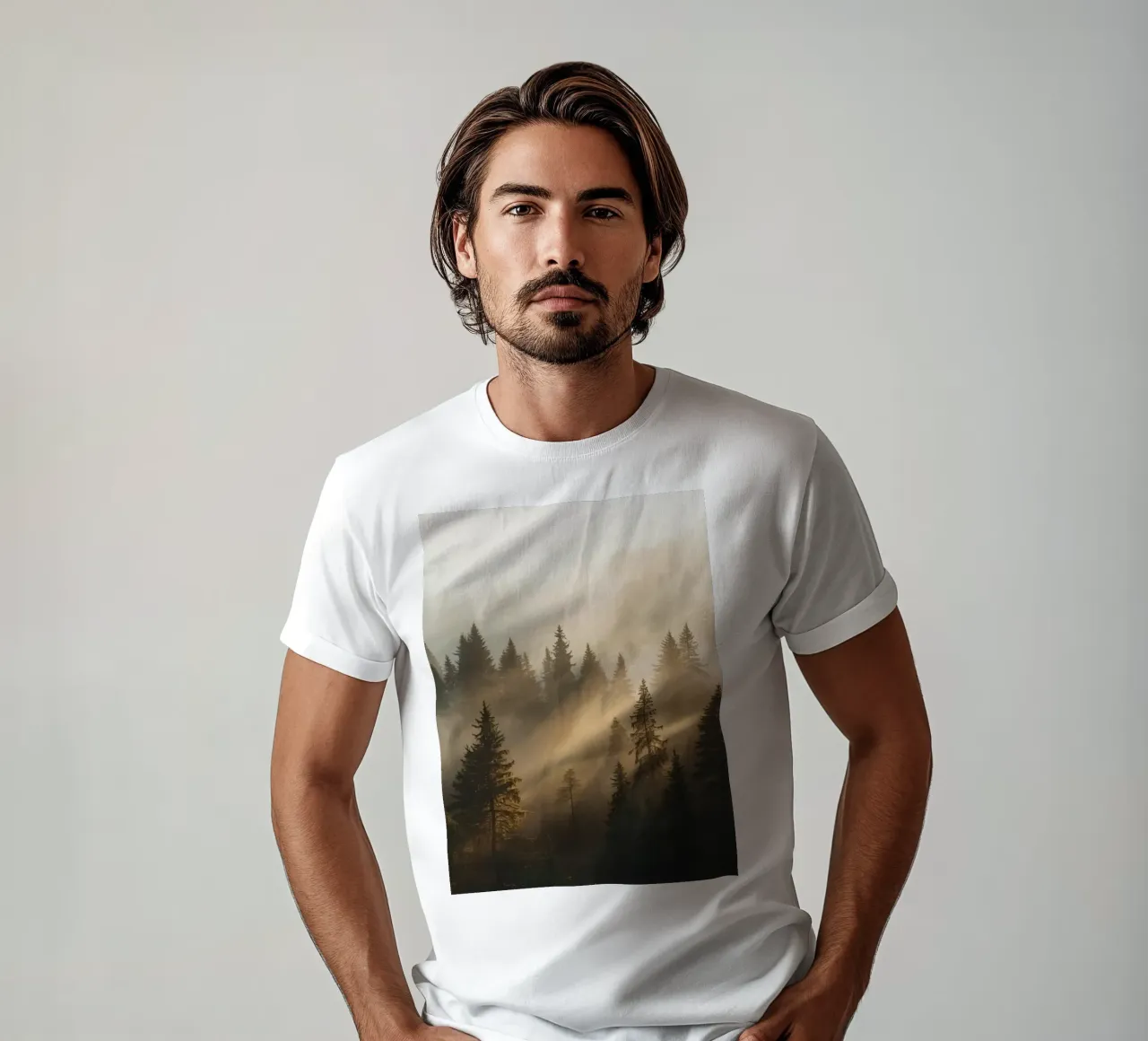 Foresta di conifere nella nebbia con raggi di sole t-shirt da DesignDoodle
