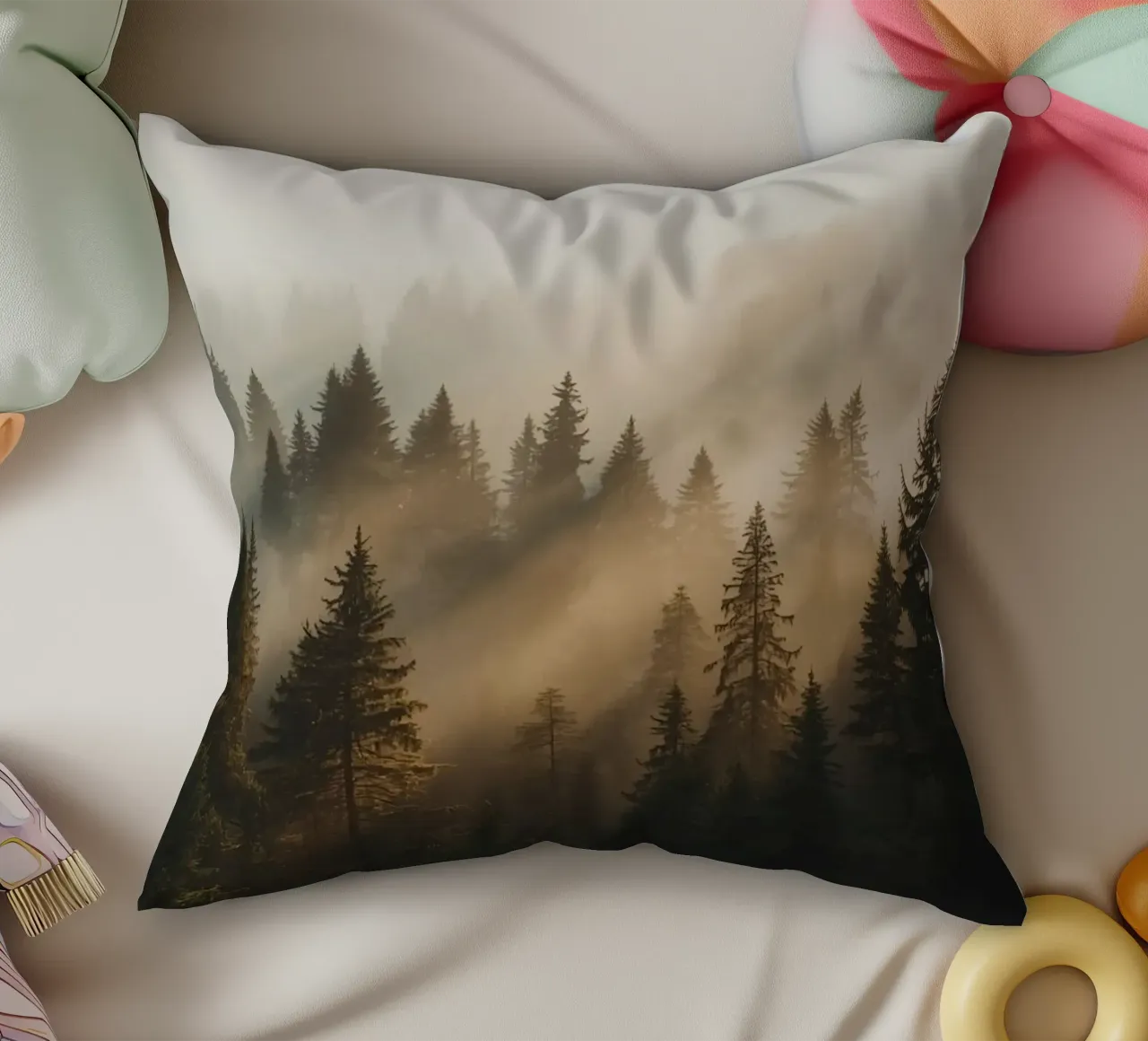 Foresta di conifere nella nebbia con raggi di sole cuscino da DesignDoodle