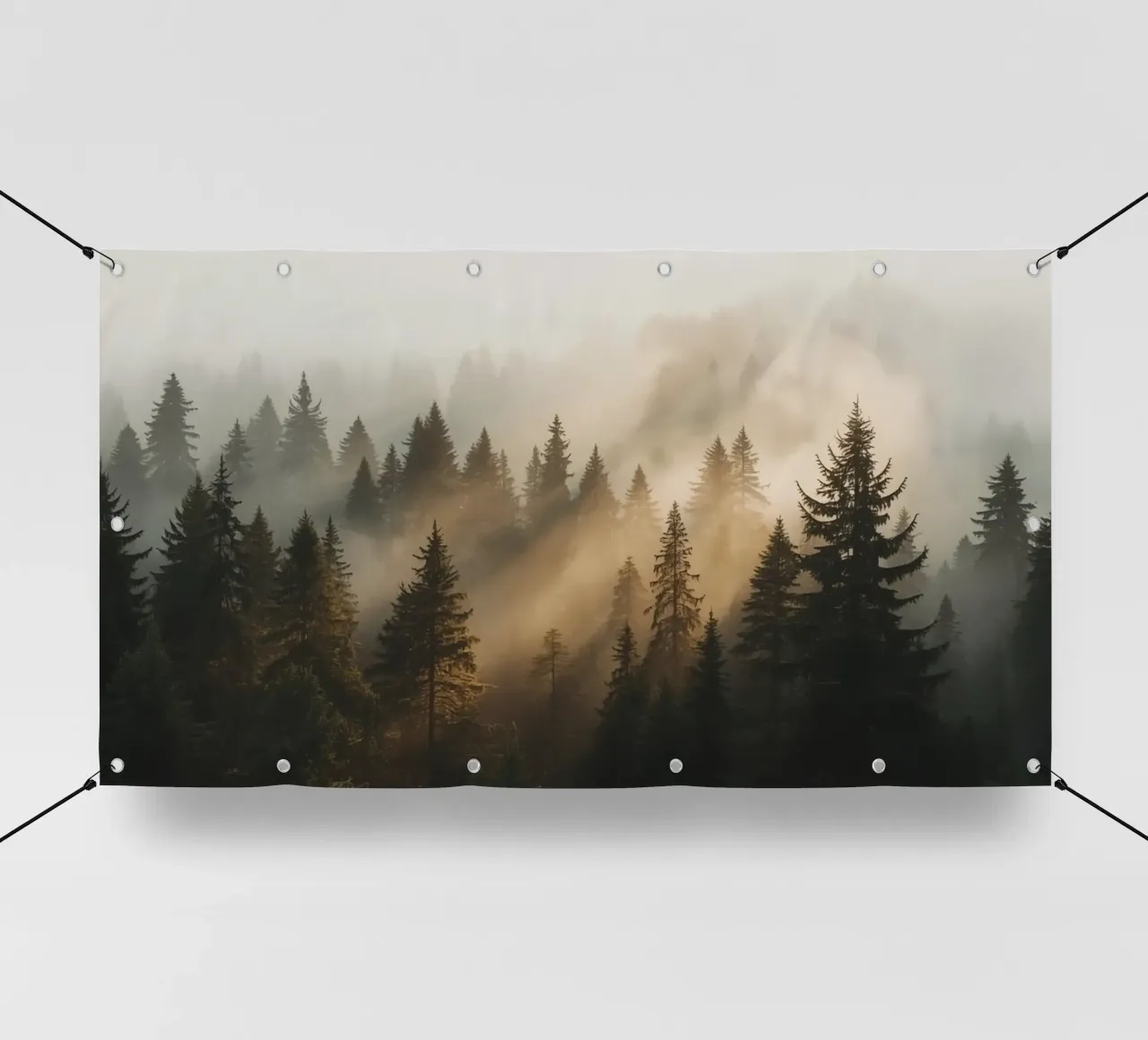 Foresta di conifere nella nebbia con raggi di sole telo in pvc da DesignDoodle