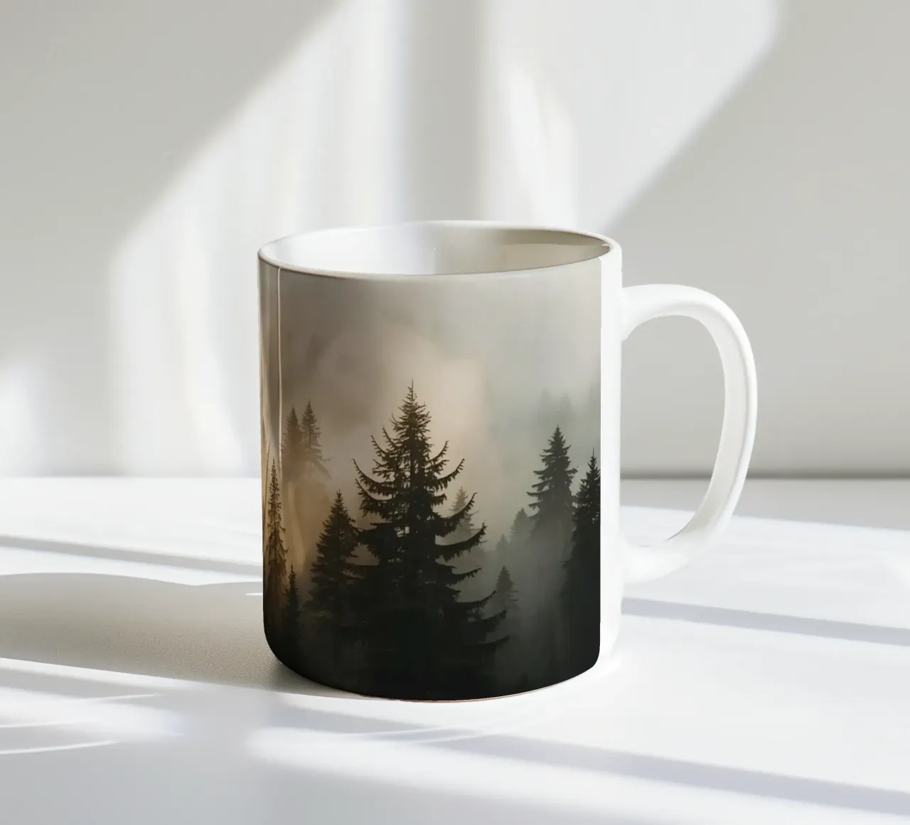 Foresta di conifere nella nebbia con raggi di sole tazza in ceramica da DesignDoodle