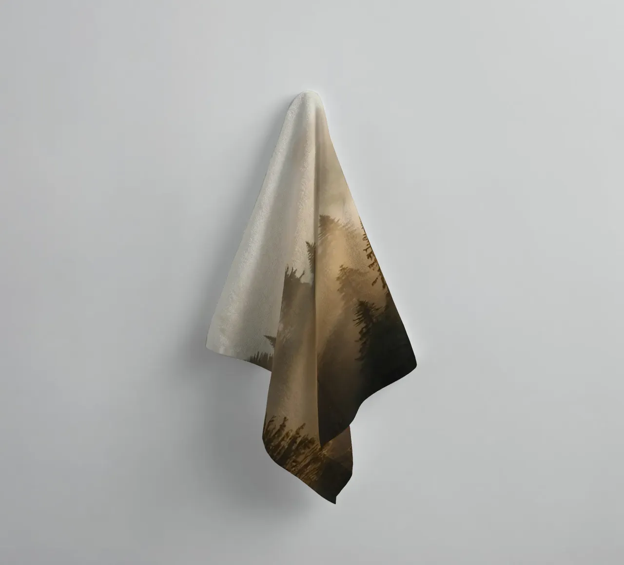 Coniferous Forest in Fog with Sunbeams towel by DesignDoodle