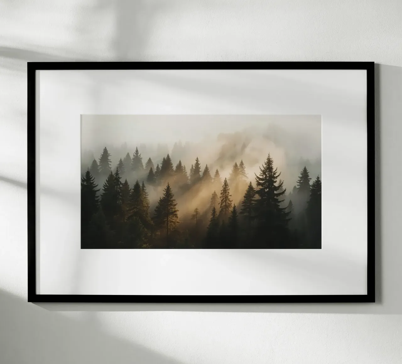 Foresta di conifere nella nebbia con raggi di sole carta hahnemühle da DesignDoodle