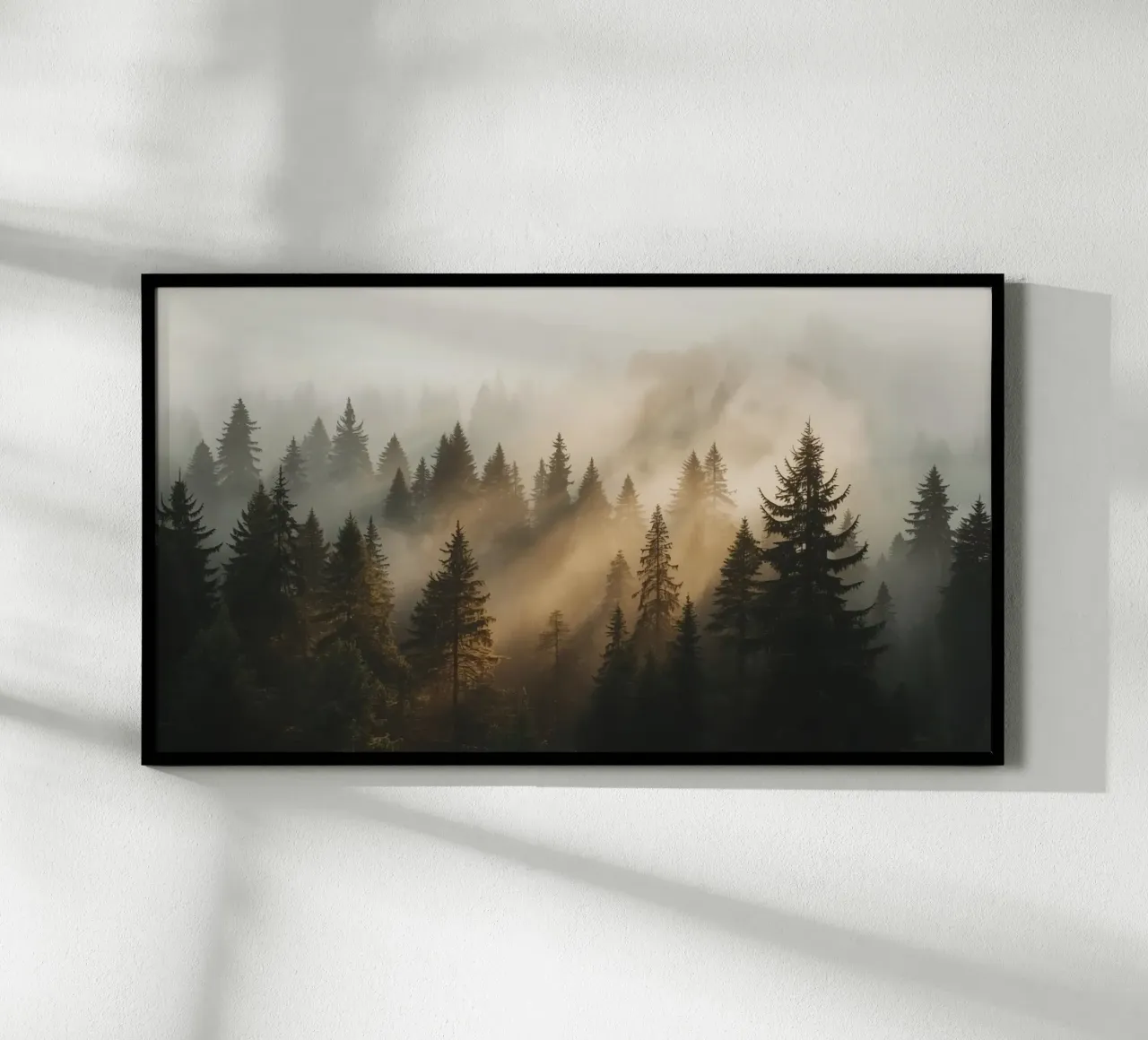 Foresta di conifere nella nebbia con raggi di sole carta hahnemühle da DesignDoodle