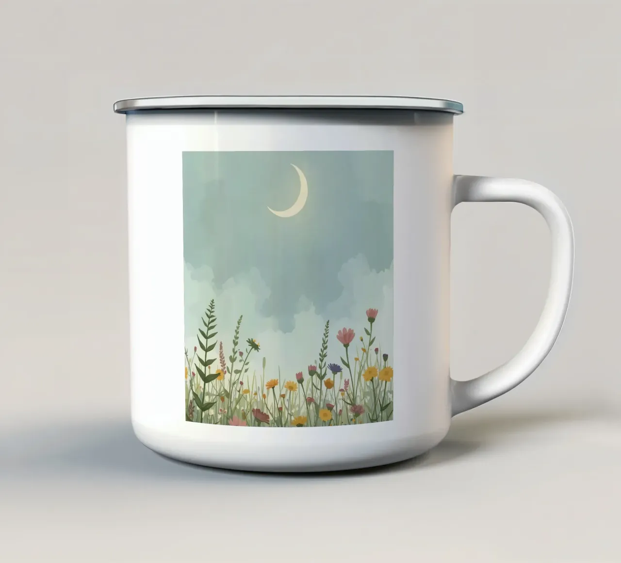 Luna crescente su campo di fiori selvatici tazza in smalto da DesignDoodle