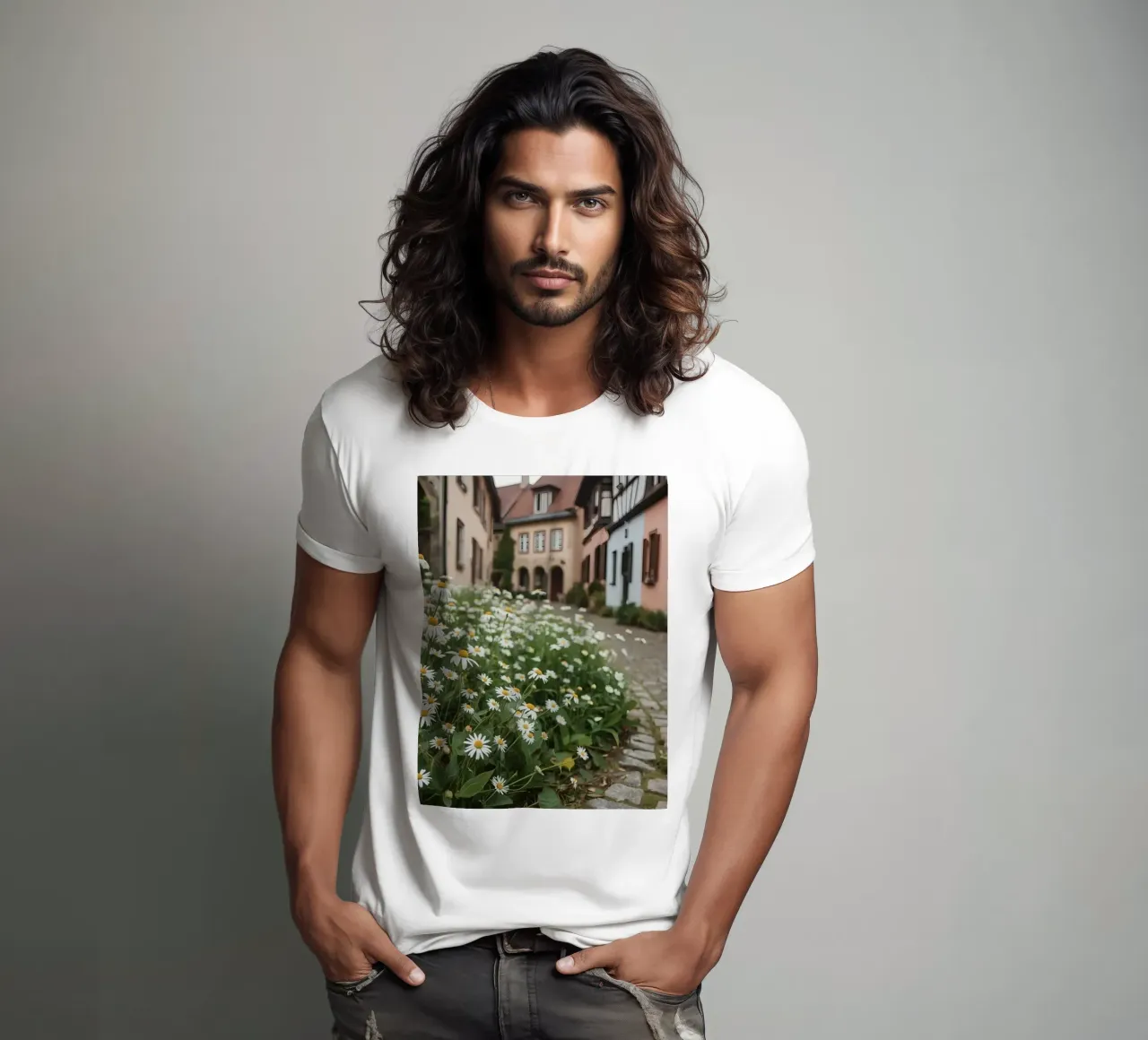 Margherite lungo una strada acciottolata con edifici t-shirt da DesignDoodle