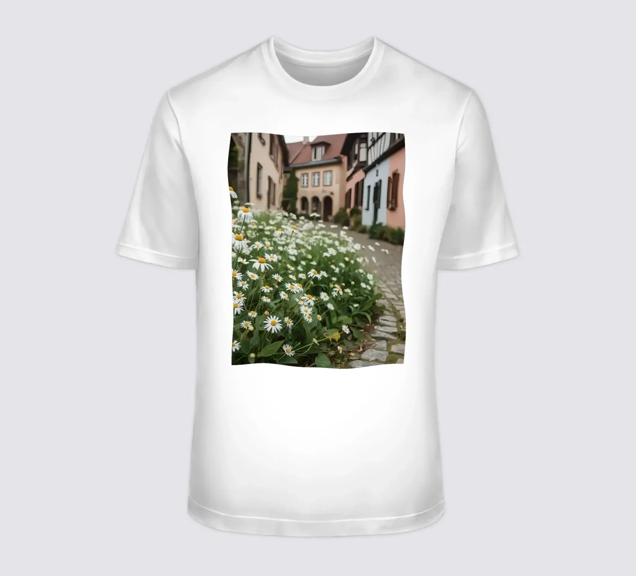 Margherite lungo una strada acciottolata con edifici t-shirt da DesignDoodle
